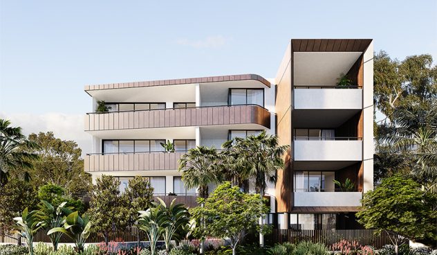 Multi-res development in double bay with gardens, palms out outdoor spaces