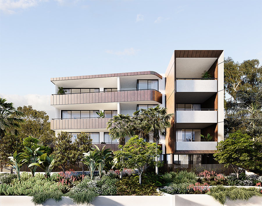 Multi-res development in double bay with gardens, palms out outdoor spaces