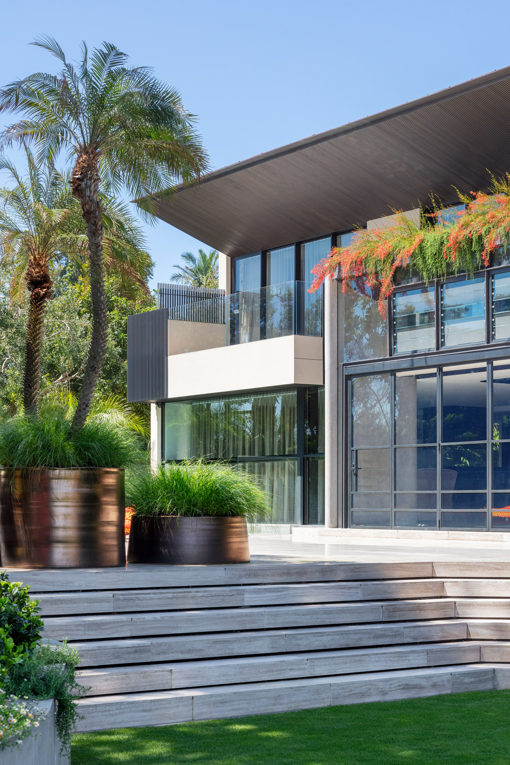 Harbourside garden features level-lawn and an existing Norfolk Island pine.