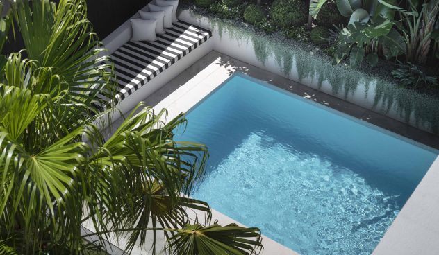 Rectangular pool with limestone coping is at home amongst architecture and environment. Highlighting indoor-outdoor living this garden takes on an LA / Palm Springs-like design philosophy.