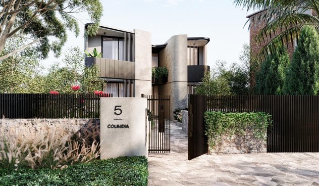 Modern two-story house with a stone pathway, black gate, and landscaped greenery, featuring the number "5" and the word "COLINDA" on the front wall. Fortis Neutral Bay, Sydney