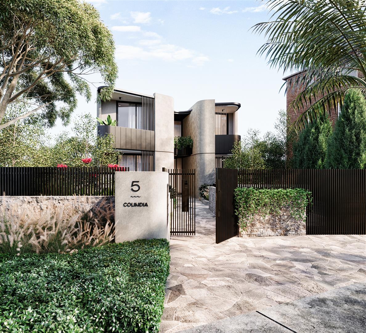 Modern two-story house with a stone pathway, black gate, and landscaped greenery, featuring the number "5" and the word "COLINDA" on the front wall. Fortis Neutral Bay, Sydney