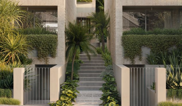 multi residential development landscaped entrance with stairs, palms and plants.