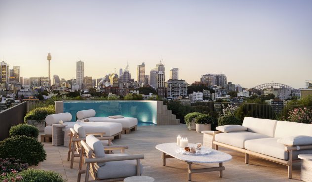 An elegant roof top garden enjoys premium views of Sydney’s Harbour Bridge.