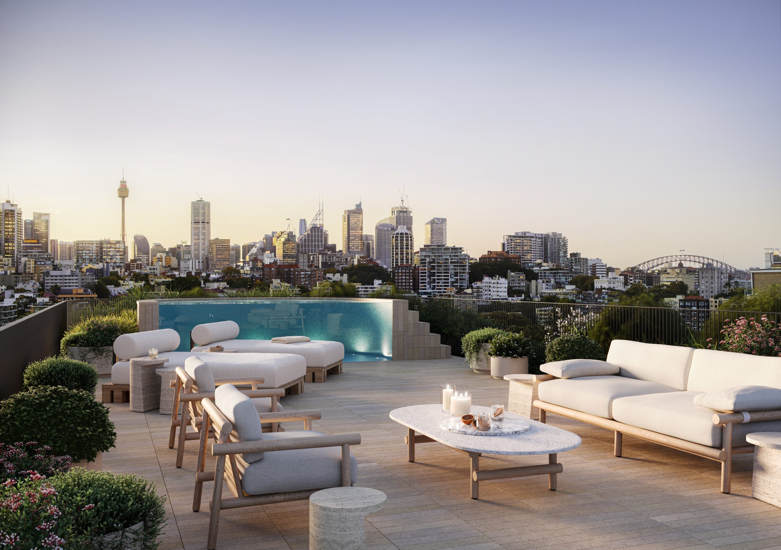 An elegant roof top garden enjoys premium views of Sydney’s Harbour Bridge.