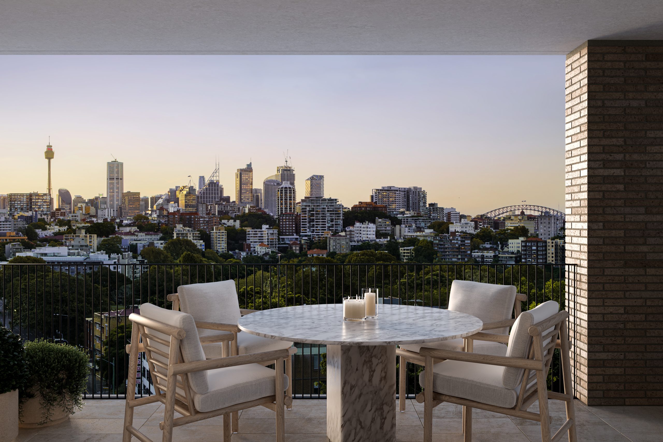 An elegant balcony garden enjoys premium views of Sydney’s Harbour Bridge.